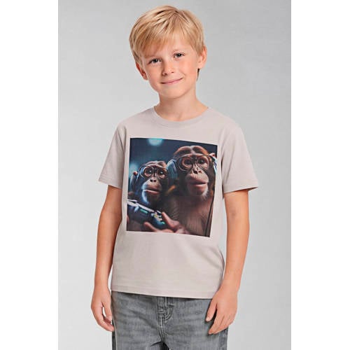 NAME IT KIDS T-shirt greige Grijs Jongens Katoen Ronde hals Printopdruk - maat 122/128 afbeelding