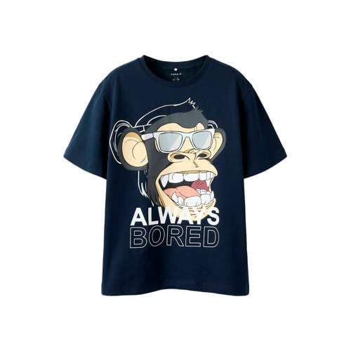 NAME IT KIDS T-shirt donkerblauw Jongens Stretchkatoen Ronde hals Printopdruk - maat 134/140 afbeelding