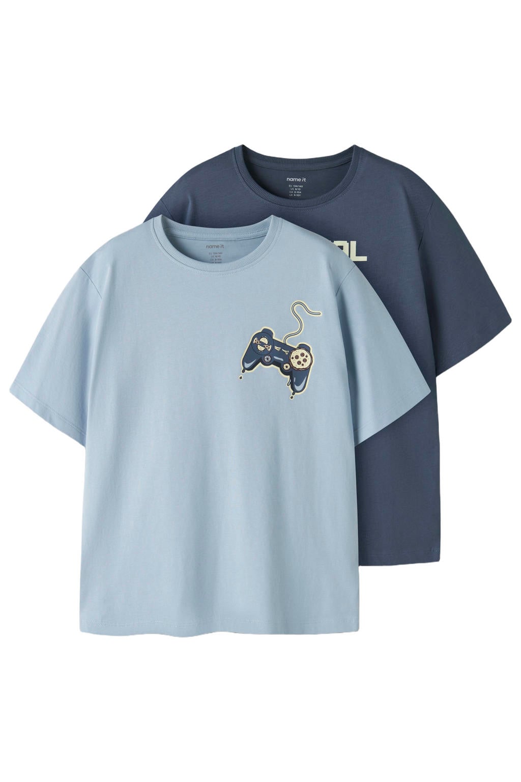 Set van 2 donkerblauw en lichtblauwe jongens NAME IT KIDS T-shirt van katoen met printopdruk, korte mouwen en ronde hals