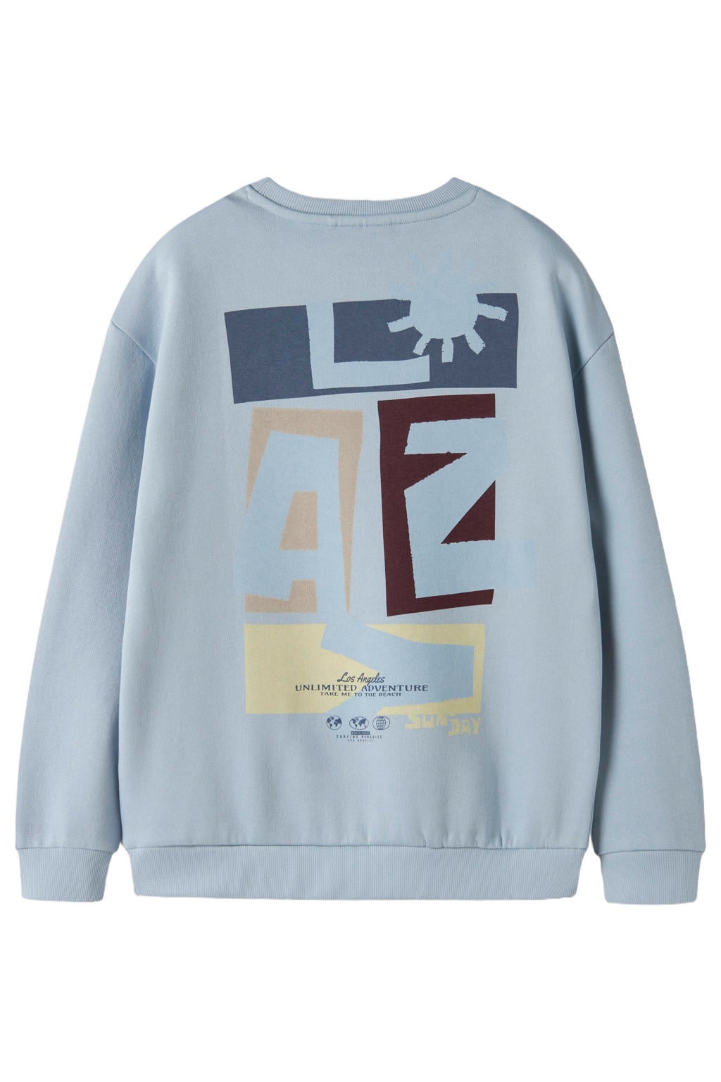 Lichtblauwe jongens NAME IT KIDS sweater met backprint, lange mouwen, ronde hals en geribde boorden