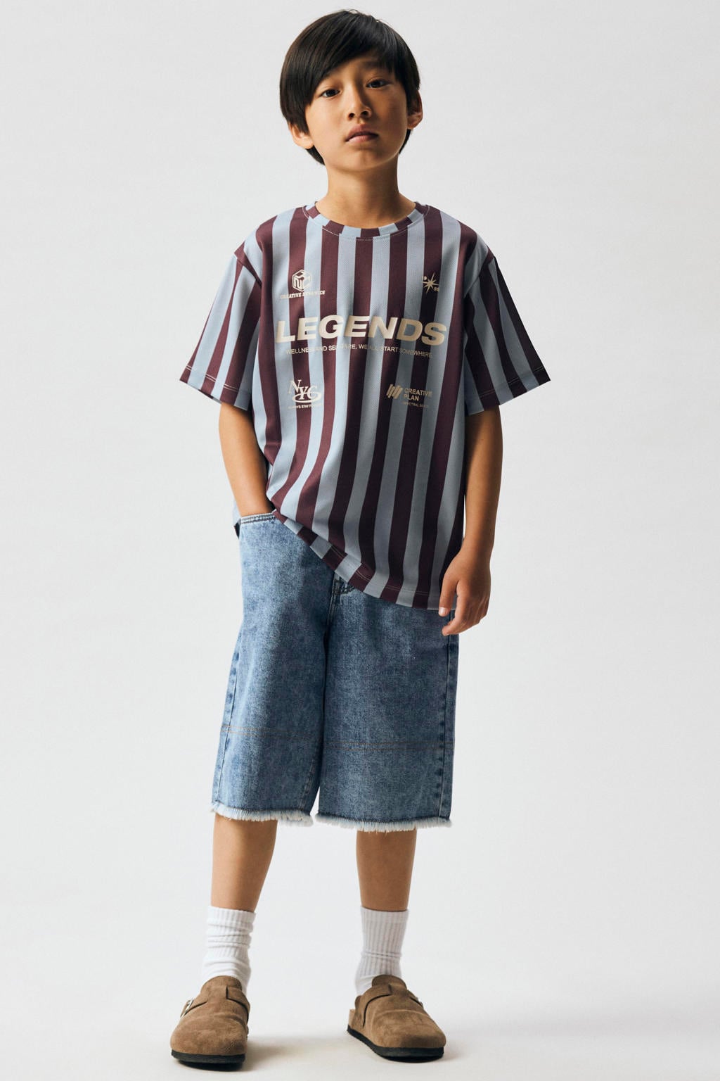 Paars en lichtblauwe jongens NAME IT KIDS gestreepte T-shirt van polyester met korte mouwen en ronde hals