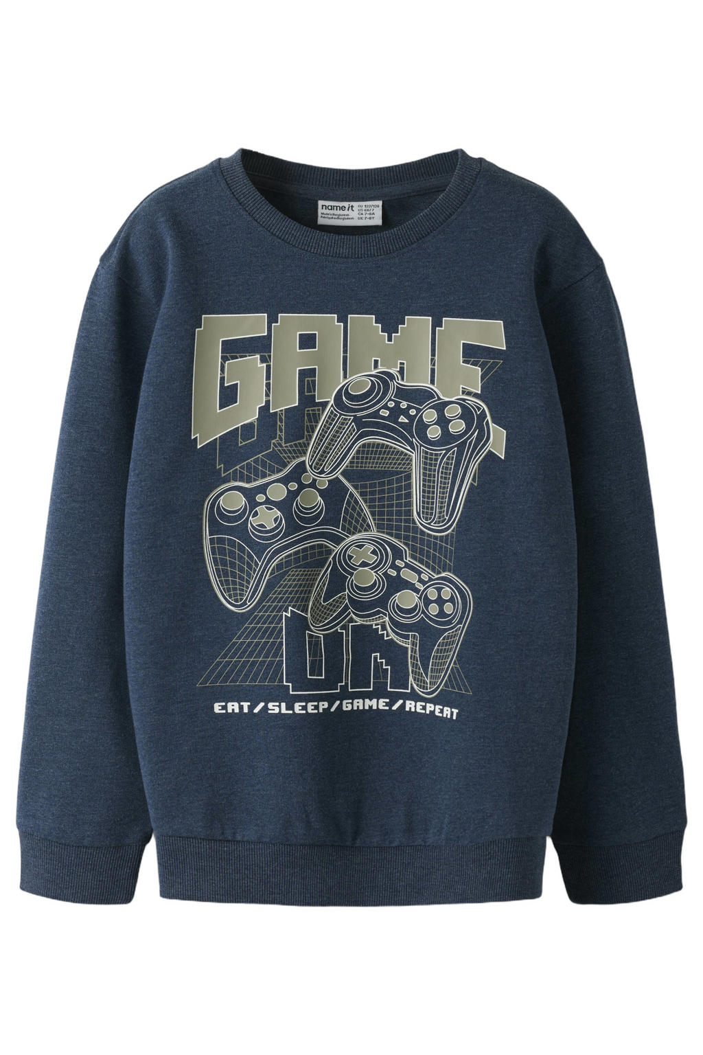 Donkerblauwe jongens NAME IT KIDS sweater met printopdruk, lange mouwen, ronde hals en geribde boorden