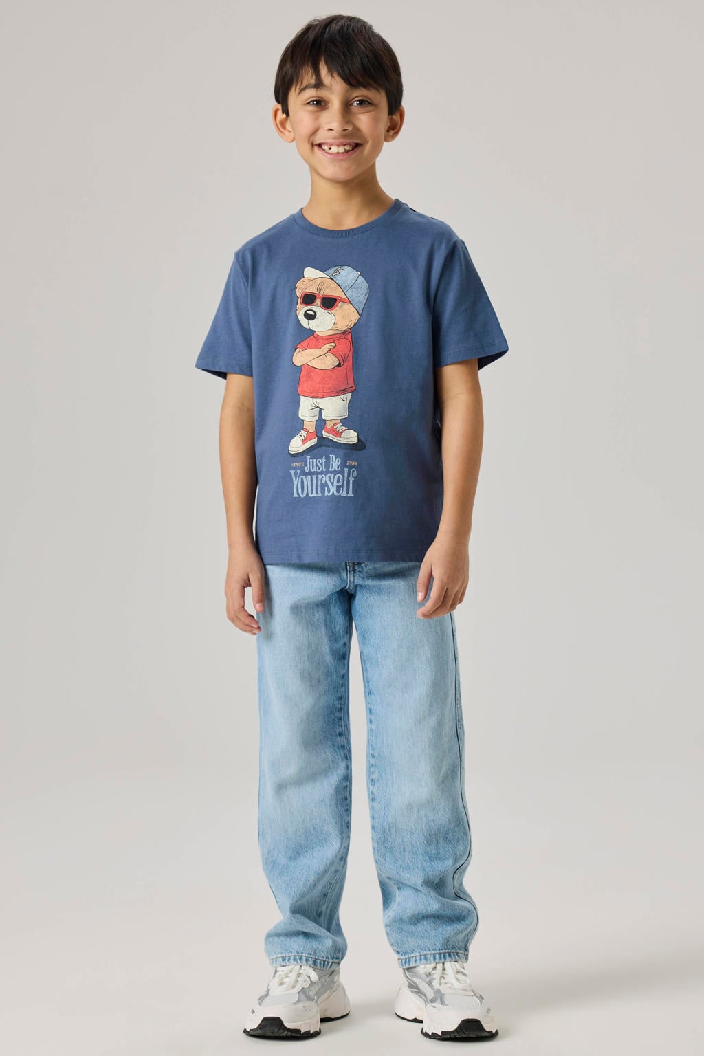 Blauwe jongens NAME IT KIDS T-shirt van katoen met printopdruk, korte mouwen en ronde hals