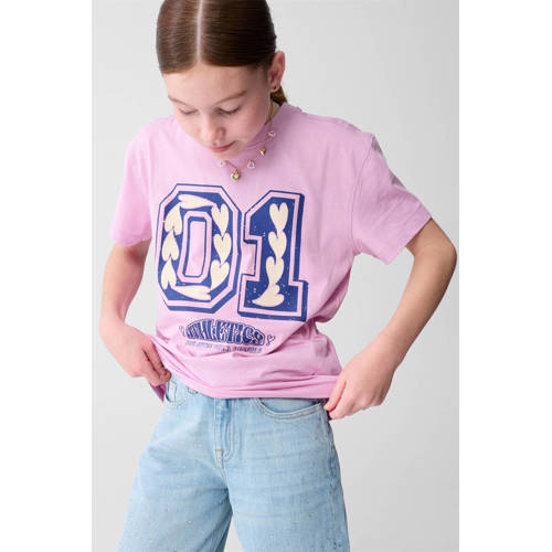 Shoeby T-shirt roze met glitter Meisjes Katoen Ronde hals Printopdruk - maat 122/128 afbeelding