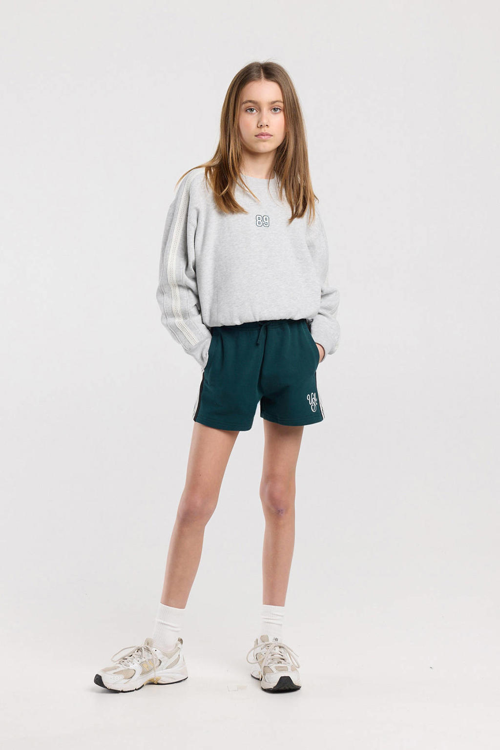 Grijs melange meisjes America Today sweater melange met effen, lange mouwen, ronde hals en contrast bies