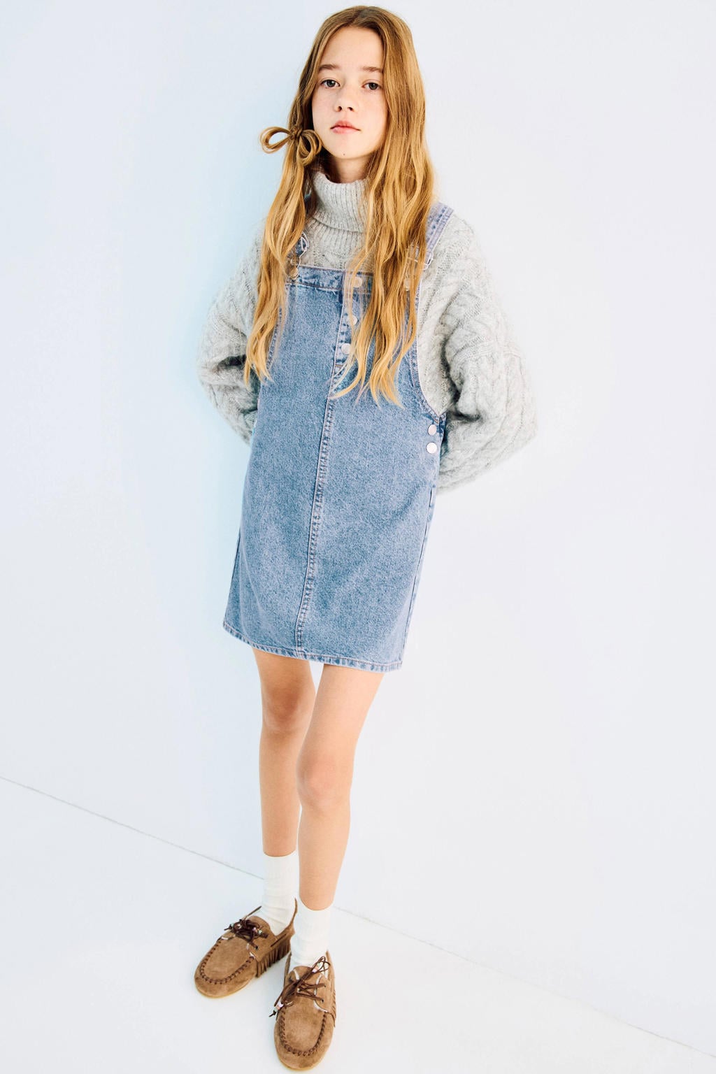 Light blue denim meisjes Mango Kids spijkerjurk van denim met effen en vierkante hals