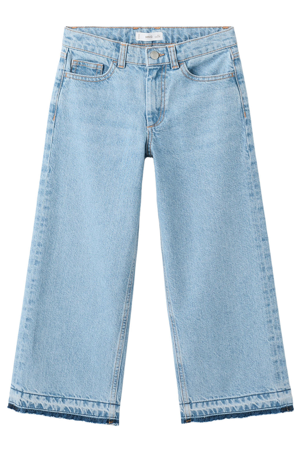 Medium blue denim meisjes Mango Kids wide leg jeans van denim met rits- en knoopsluiting en effen