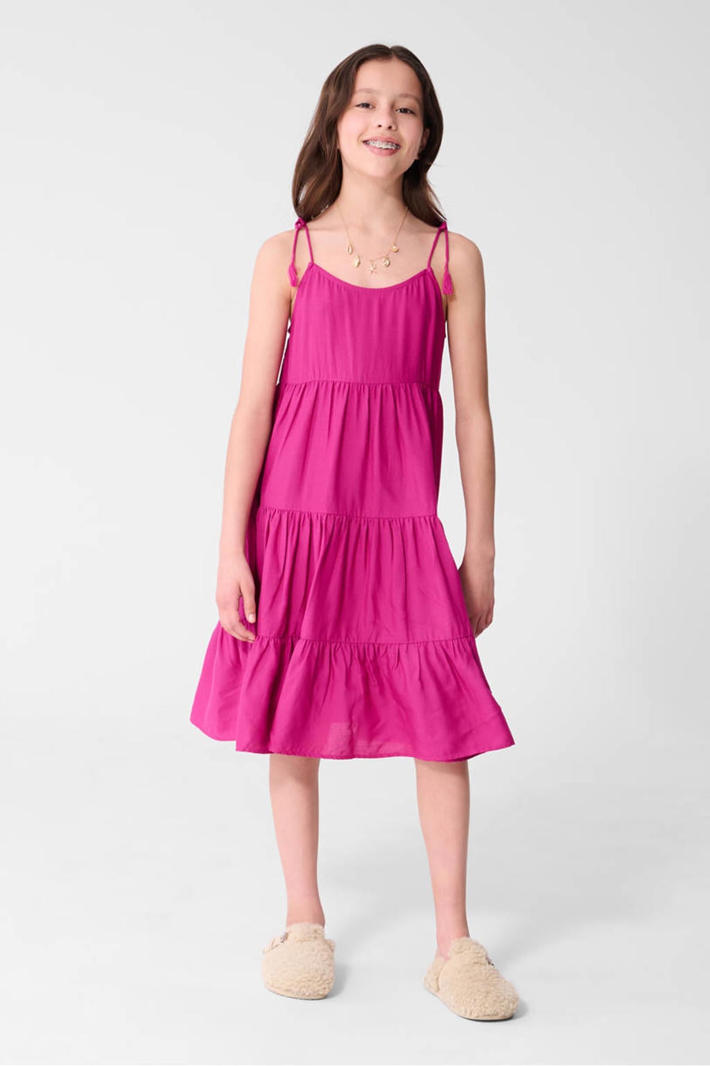 Paarse meisjes Shoeby midi zomerjurk van viscose met effen, spaghettibandjes, vierkante hals, striksluiting en plooien