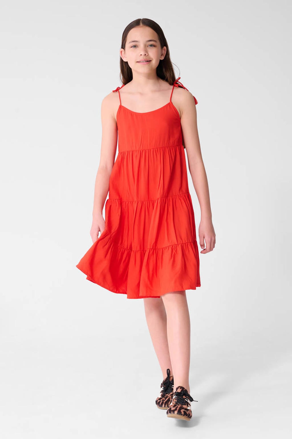 Rode meisjes Shoeby midi zomerjurk van viscose met effen, spaghettibandjes, vierkante hals, striksluiting en plooien