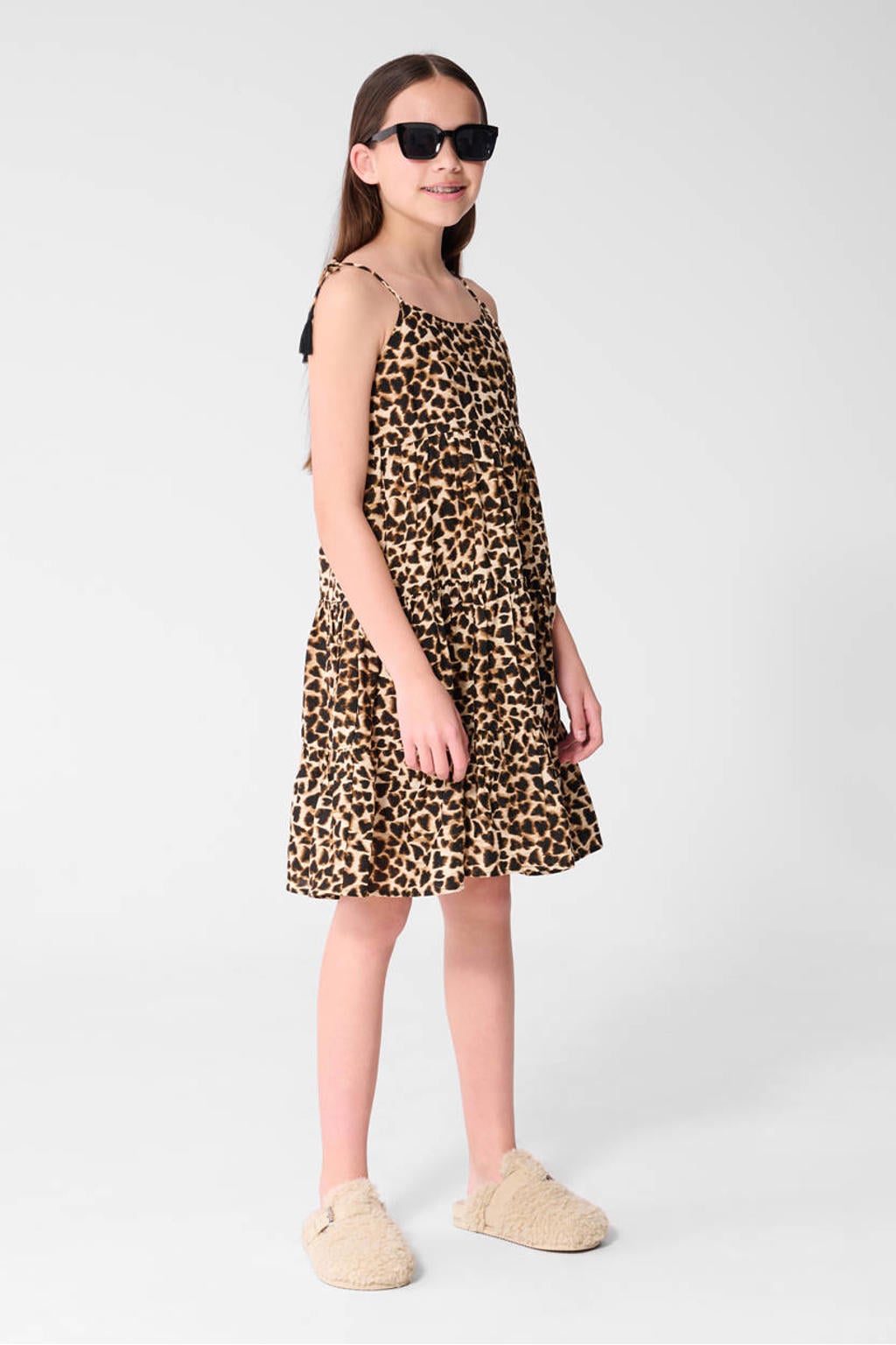 Bruine meisjes Shoeby maxi jurk met franjes van viscose met dierenprint, spaghettibandjes, vierkante hals en striksluiting