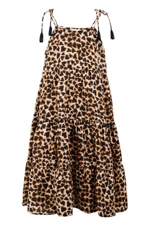 maxi jurk met panterprint en franjes - bruin