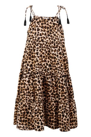 maxi jurk met panterprint en franjes - bruin