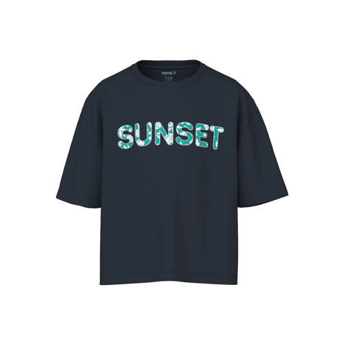 NAME IT KIDS T-shirt donkerblauw Meisjes Katoen Ronde hals Tekst - maat 146/152 afbeelding