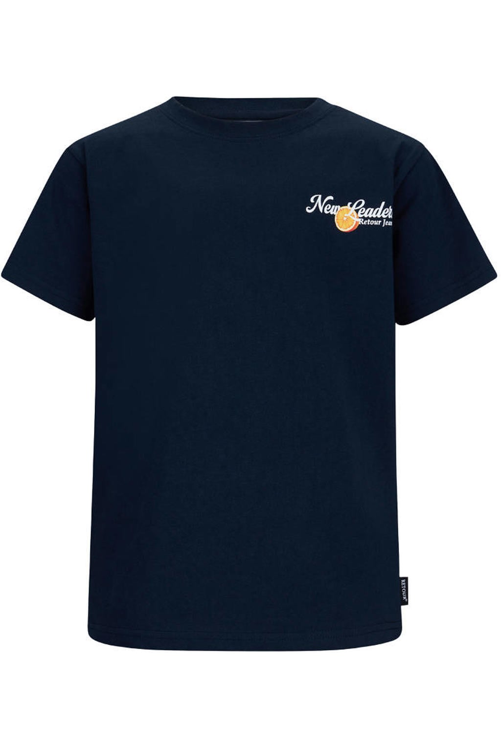 Donkerblauwe jongens Retour Jeans T-shirt van katoen met backprint, korte mouwen en ronde hals