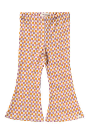 regular waist geruite flared broek oranje met textuur