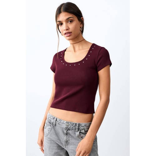 MANGO TEEN T-shirt donkerrood Meisjes Stretchkatoen Ronde hals Effen - maat 172(L) afbeelding