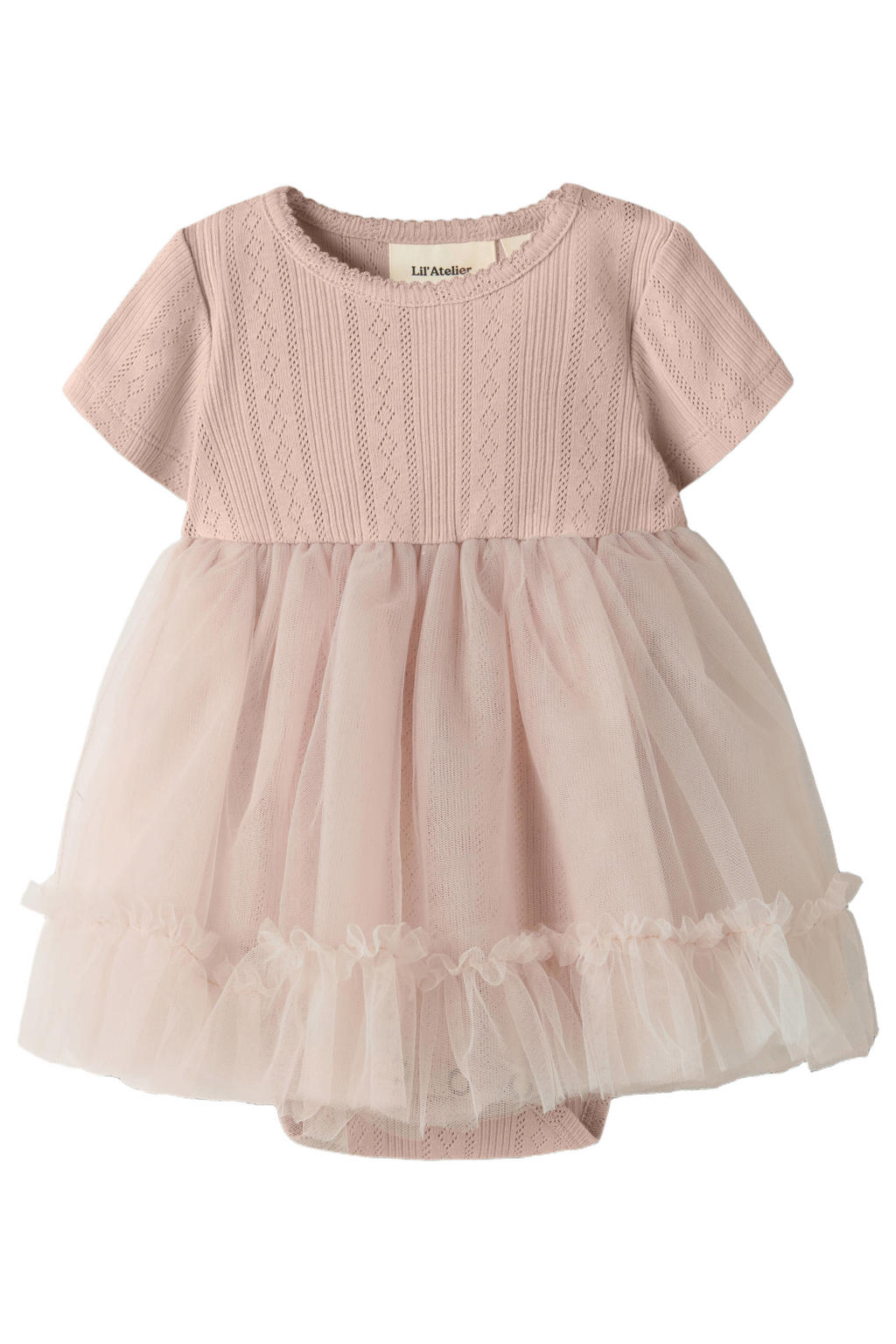 Oudroze meisjes LIL' ATELIER BABY tule jurk van katoen met effen, korte mouwen, ronde hals en drukknoopsluiting