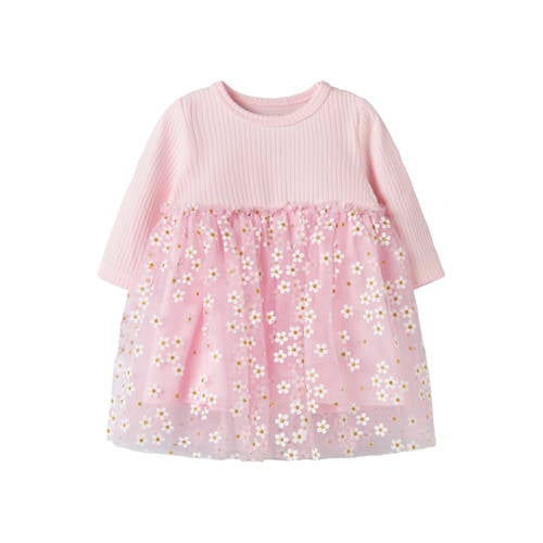 NAME IT BABY gebloemde korte jurk gebreid roze Meisjes Stretchkatoen Ronde hals - maat 74 afbeelding