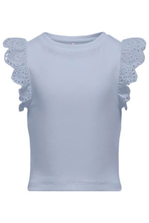 mouwloze top met broderie lichtblauw