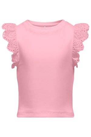 mouwloze top met broderie roze