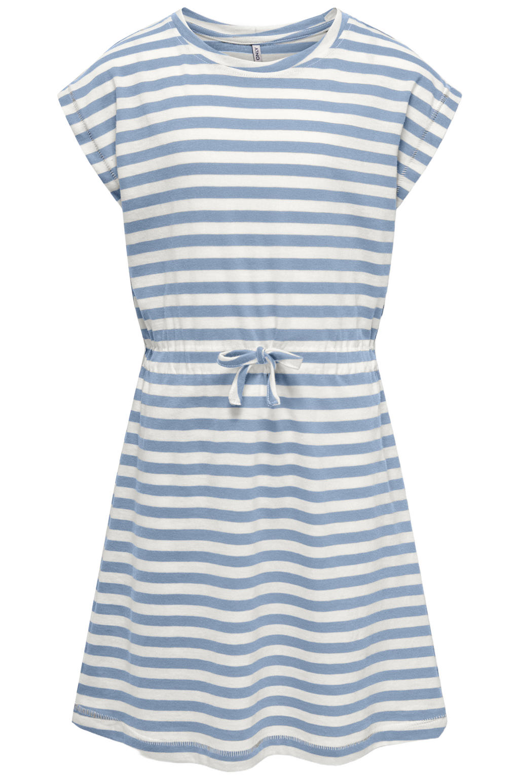 Lichtblauw, blauw en witte meisjes KIDS ONLY GIRL gestreepte A-lijn jurk van katoen met korte mouwen, ronde hals en striksluiting