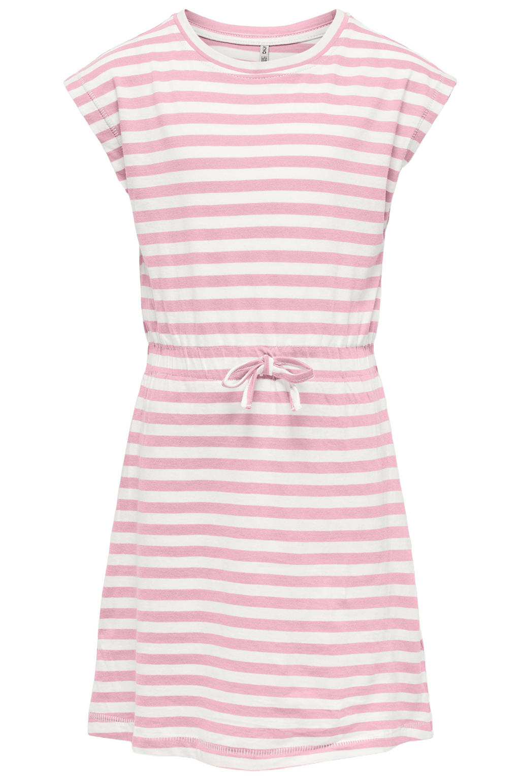 Roze en witte meisjes KIDS ONLY GIRL gestreepte A-lijn jurk van katoen met korte mouwen, ronde hals en striksluiting