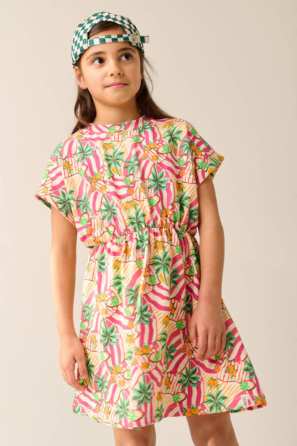 Beige, roze en groene meisjes Tumble 'n Dry zomerjurk met korte mouwen, ronde hals en textuur