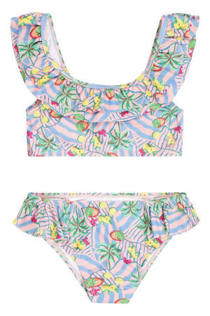 bikini met ruches en all over print lichtroze