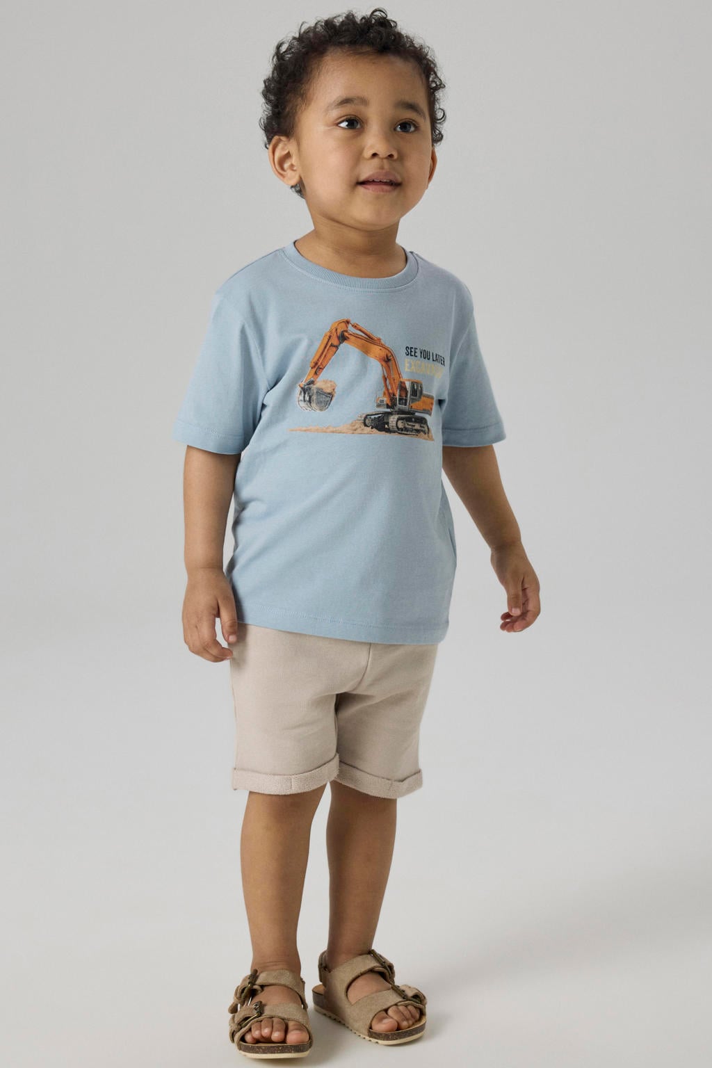 Beige jongens NAME IT MINI regular sweatshort van katoen met elastische tailleband met koord en effen