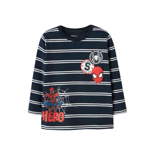 NAME IT MINI Spider-Man gestreepte longsleeve donkerblauw gebreid Jongens Stretchkatoen Ronde hals - maat 104 afbeelding