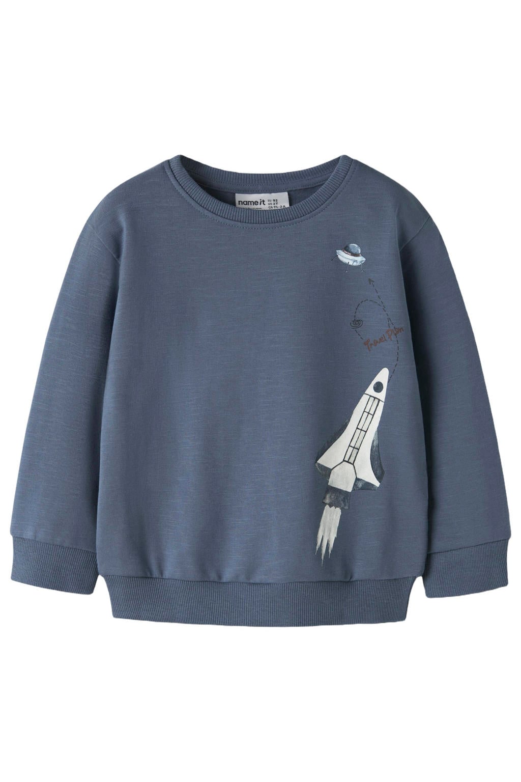 Blauwe jongens NAME IT MINI sweater van stretchkatoen met printopdruk, lange mouwen en ronde hals
