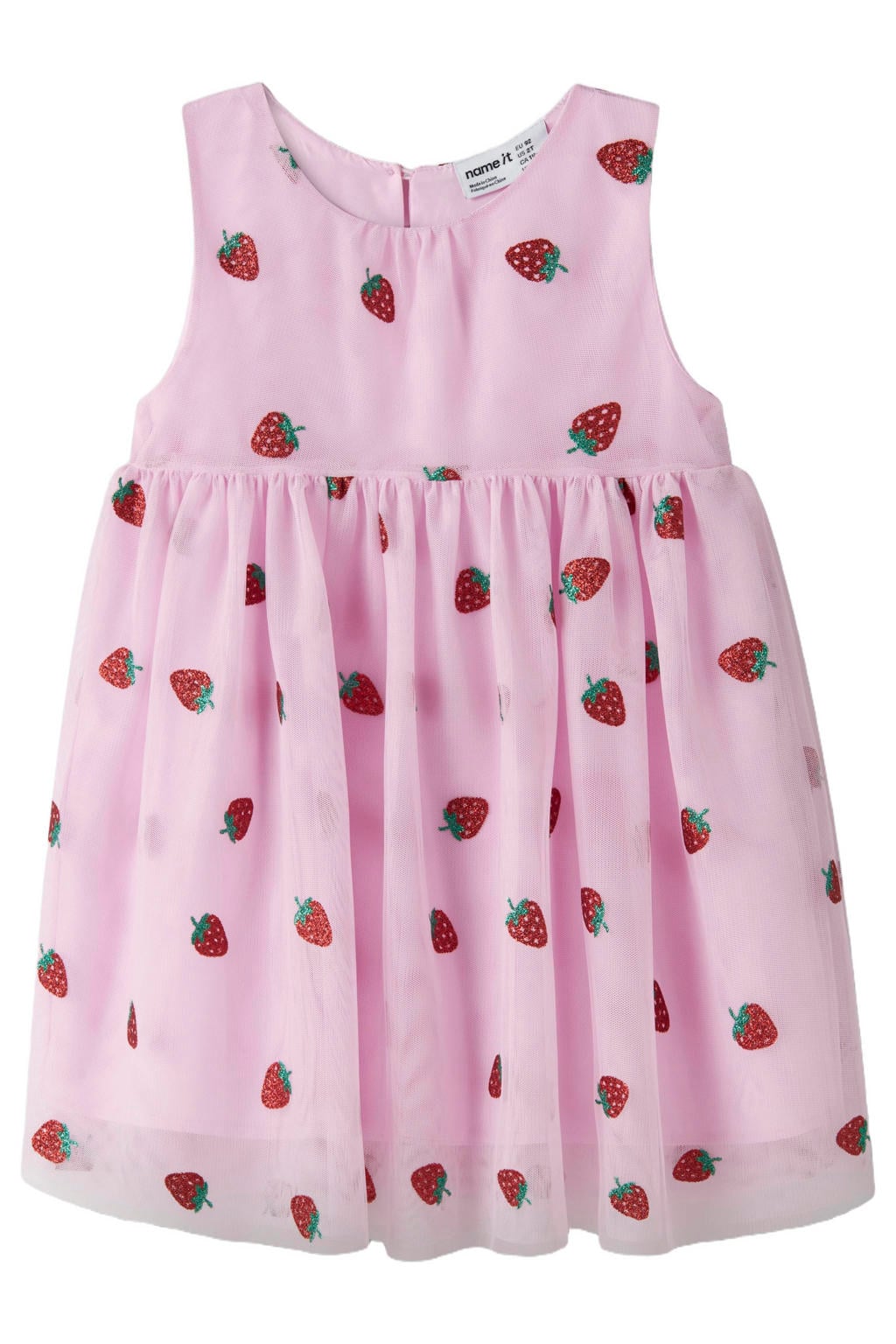 Roze en rode meisjes NAME IT MINI mouwloze tule jurk van polyester met ronde hals en knoopsluiting
