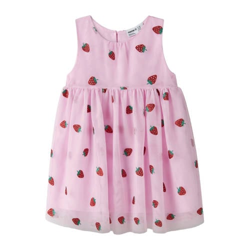 NAME IT MINI mouwloze tule jurk met aardbeien roze Meisjes Polyester Ronde hals - maat 110 afbeelding