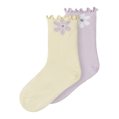 NAME IT MINI sokken met bloemprint - set van 2 lichtroze/lichtgeel Meisjes Stretchkatoen - maat 22/24 afbeelding
