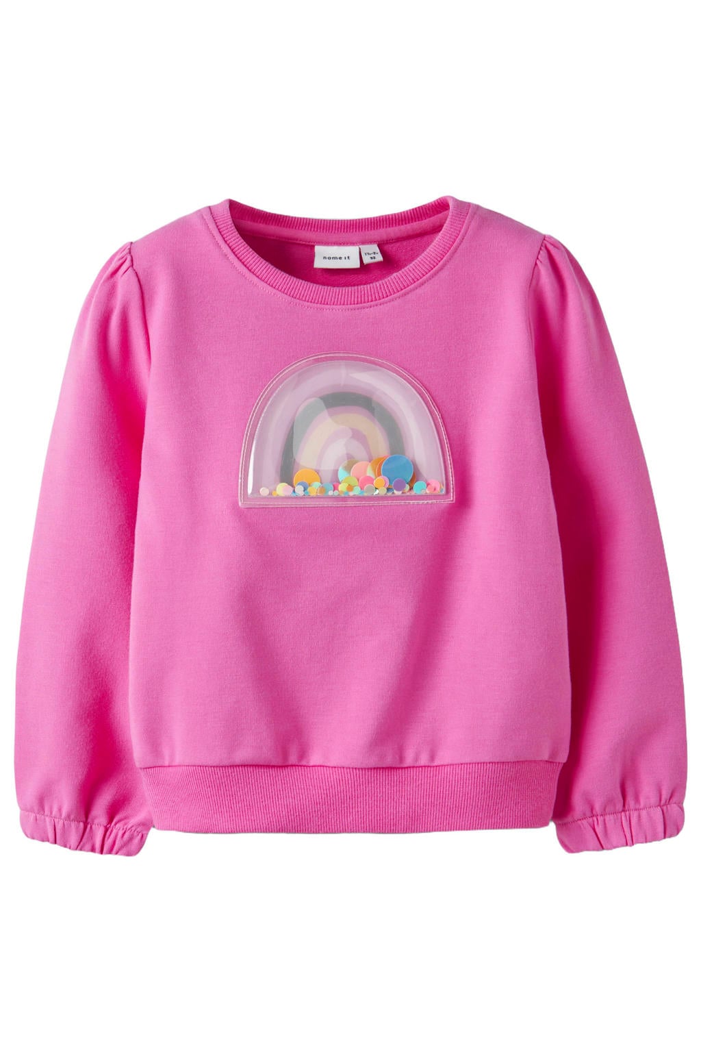 Roze meisjes NAME IT MINI sweater met printopdruk, lange mouwen, ronde hals en 3D applicatie