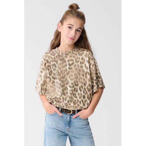 Shoeby T-shirt oversized met panterprint lichtbruin Meisjes Katoen Ronde hals - maat 134/140 afbeelding