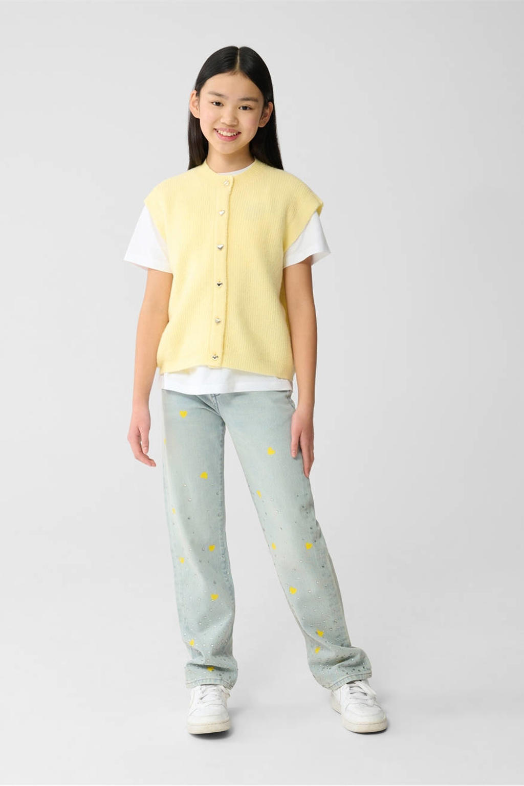 Light blue denim meisjes Shoeby high waist wide leg jeans van denim met rits- en knoopsluiting en effen