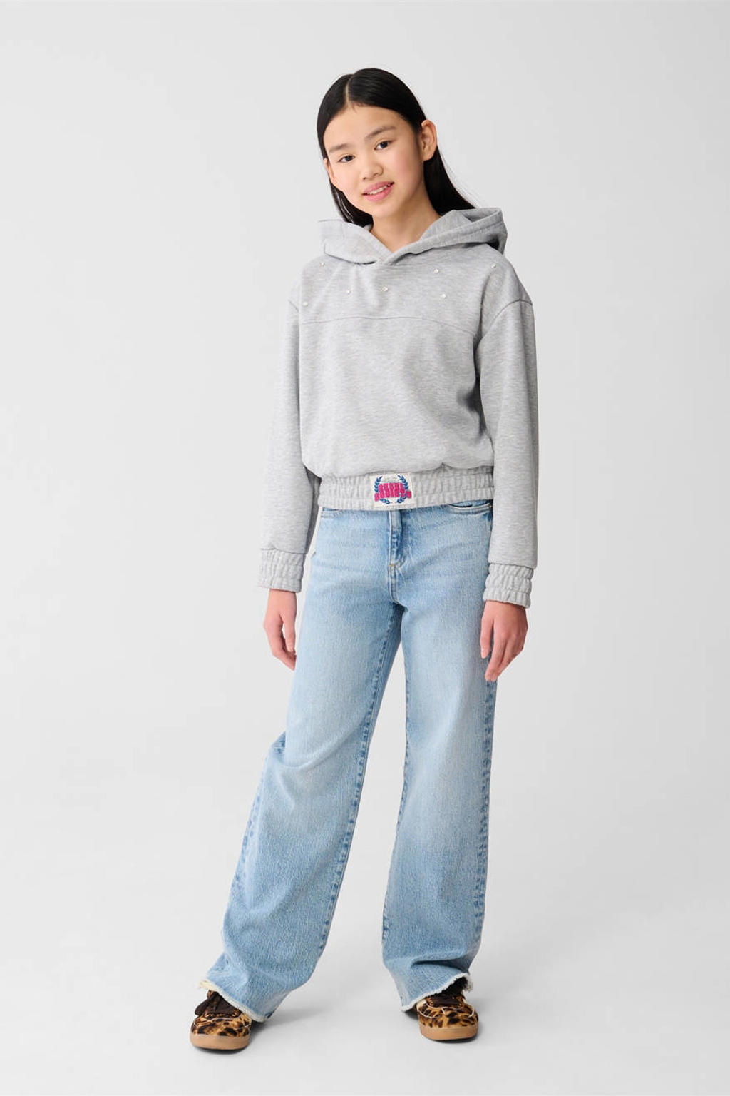 Grijze meisjes Shoeby hoodie van sweat materiaal met mixprint, lange mouwen, capuchon en strass steentjes