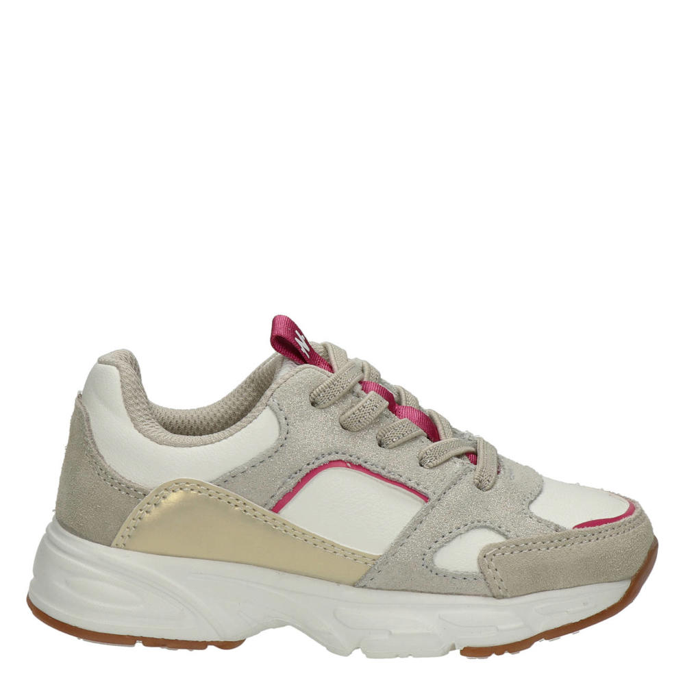 Beige en roze meisjes Nelson Kids sneakers van imitatieleer en textiel met elastische veters