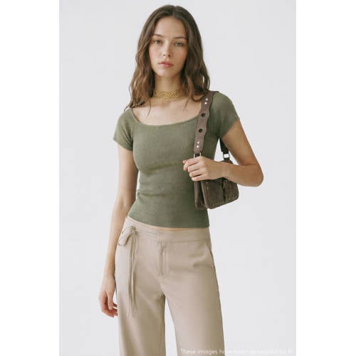 MANGO TEEN T-shirt kaki Groen Meisjes Viscose Ronde hals Effen - maat 158(XS) afbeelding