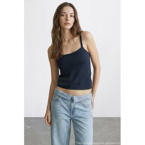 MANGO TEEN cropped top donkerblauw ajour Meisjes Katoen Ronde hals Effen - maat 172(L) afbeelding