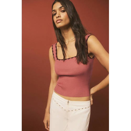 MANGO TEEN cropped top roze rib gebreid Meisjes Viscose Vierkante hals - maat 172(L) afbeelding
