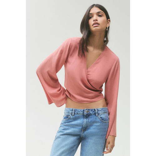 MANGO TEEN blousetop zalm Roze Meisjes Viscose Overslagkraag Effen - maat 158(XS) afbeelding
