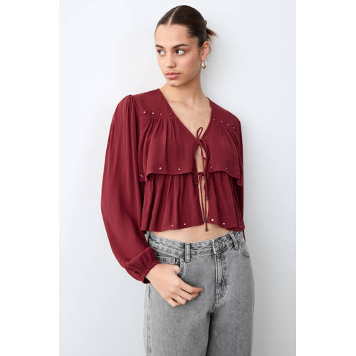 MANGO TEEN blousetop rood Meisjes Viscose V-hals Effen - maat 168(M) afbeelding