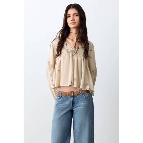 MANGO TEEN blousetop beige Meisjes Viscose V-hals Effen - maat 158(XS) afbeelding