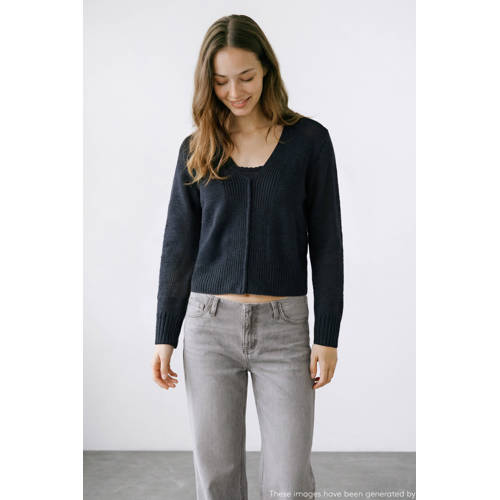 MANGO TEEN trui donkerblauw gebreid Meisjes Katoen V-hals Effen - maat 168(M) afbeelding