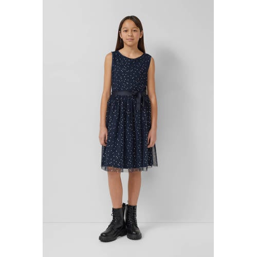 s.Oliver korte jurk met stippen donkerblauw Meisjes Polyester Ronde hals