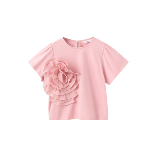Mango Kids T-shirt roze Meisjes Katoen Ronde hals Effen - maat 140 afbeelding