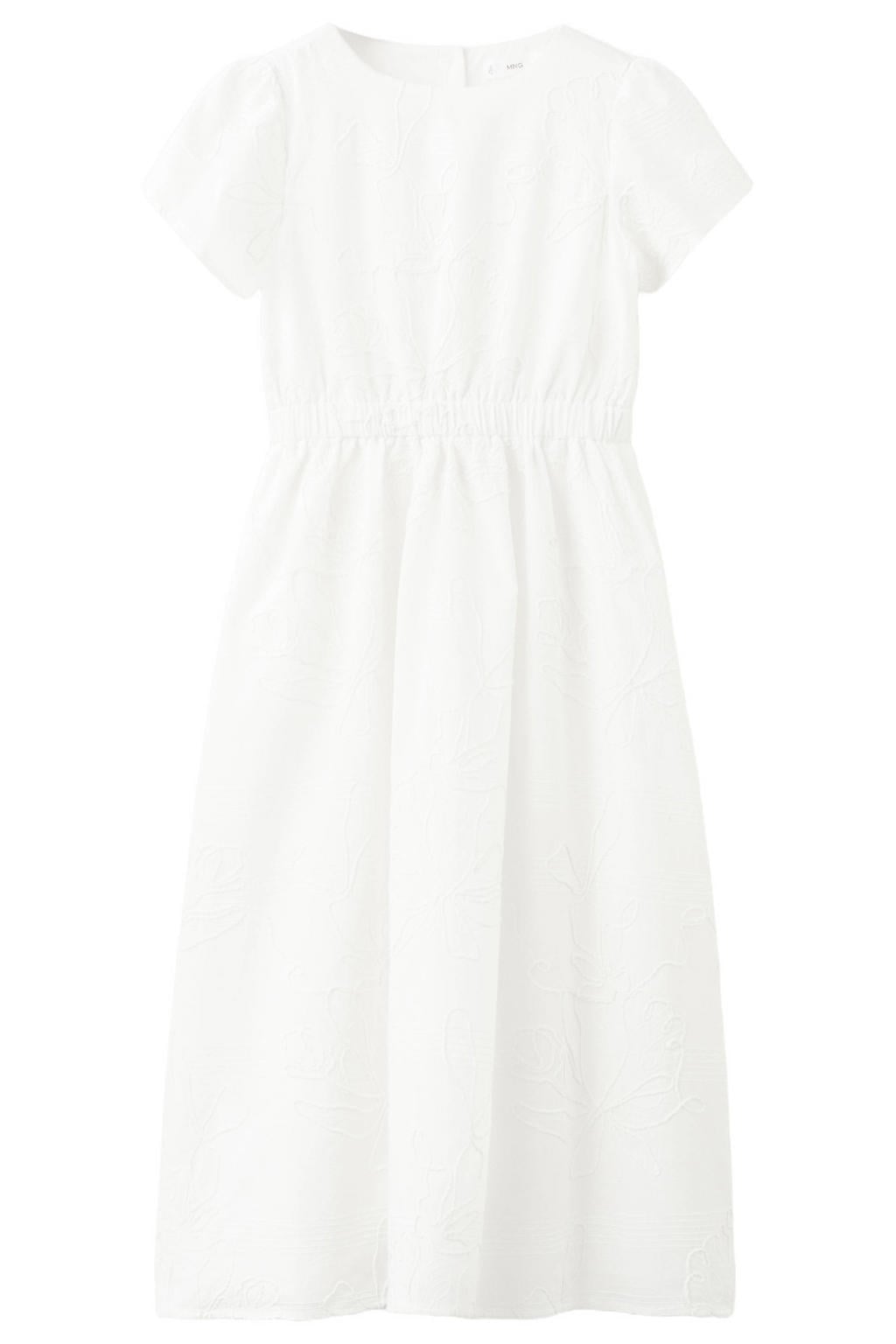 Witte meisjes Mango Kids zomerjurk van katoen met effen, korte mouwen, ronde hals, knoopsluiting en borduursels