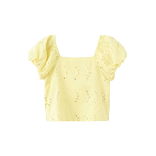 Mango Kids blousetop geel met pailletten Meisjes Katoen Vierkante hals - maat 116 afbeelding